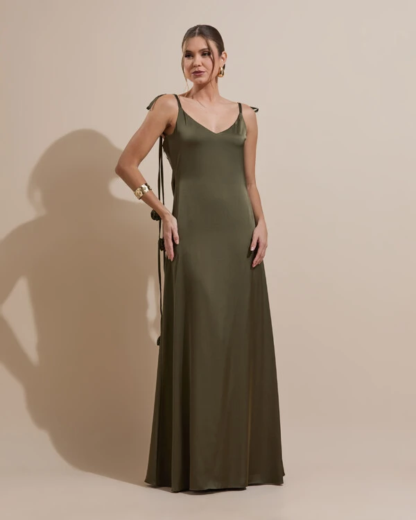 Vestido de Festa Longo Decote Degagê Costas Cetim Flores 3D Alças Verde Oliva