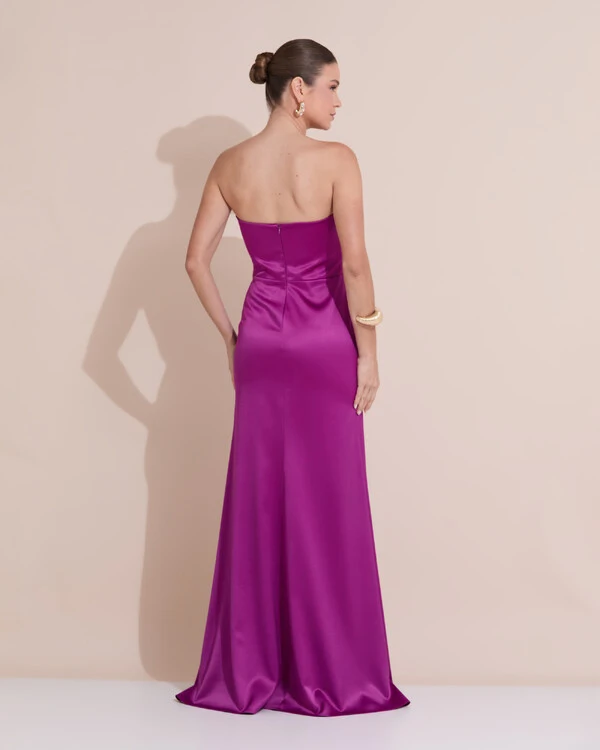 Vestido de Festa Longo Cetim Alfaiataria Tomara que Caia Fenda Fúcsia