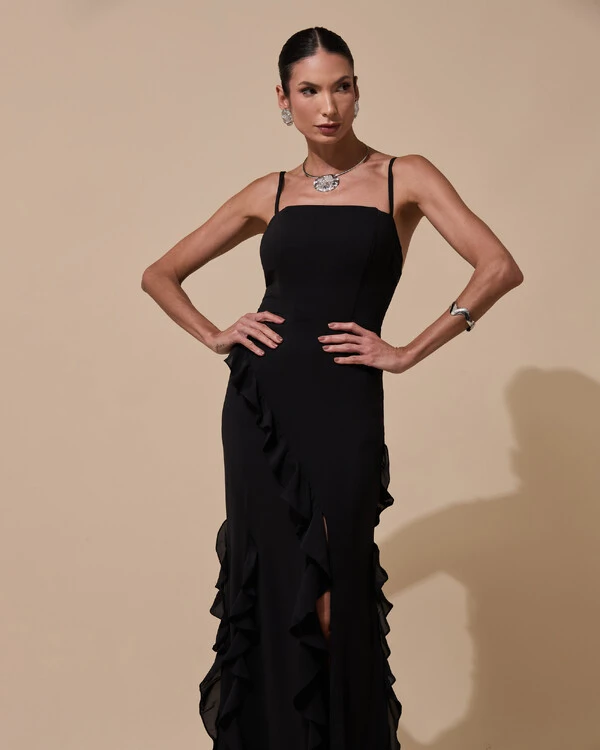 Vestido de Festa Longo Alças Finas Crepe Chiffon Babado Cascata Fenda Costas V Preto