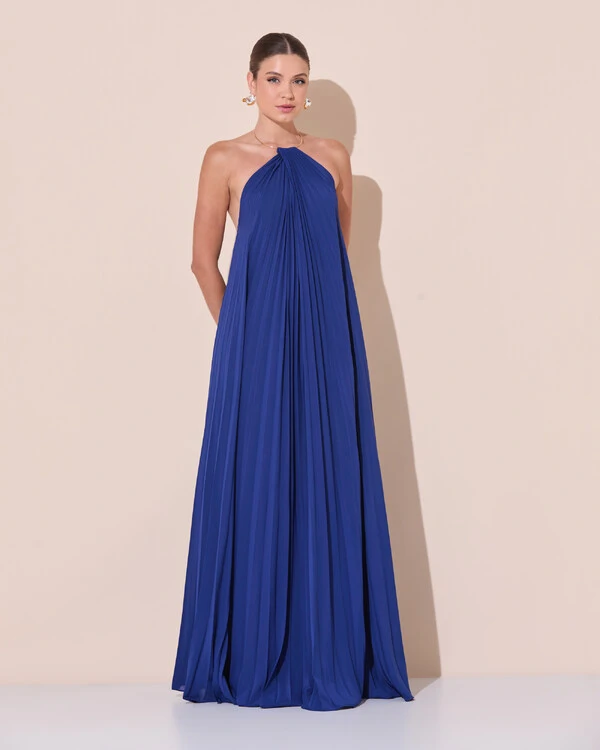 Vestido de Festa Longo Frente Única Plissado Crepe Chiffon Argola Azul Marinho
