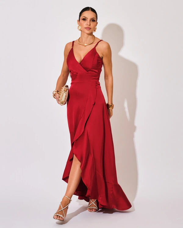 Vestido Midi Babado Acetinado Marsala