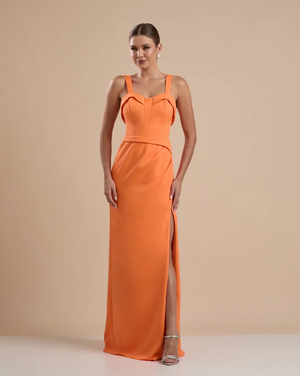 Vestido de Festa Longo Alfaiataria Decote Coração com Alças e Fenda Laranja