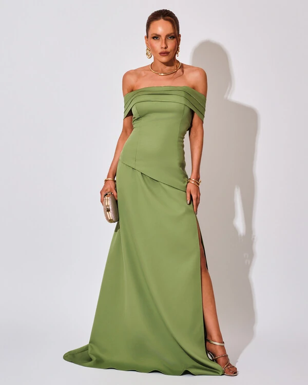 Vestido de Festa Longo Alfaiataria Ombro a Ombro Drapeado com Fenda Verde Matcha