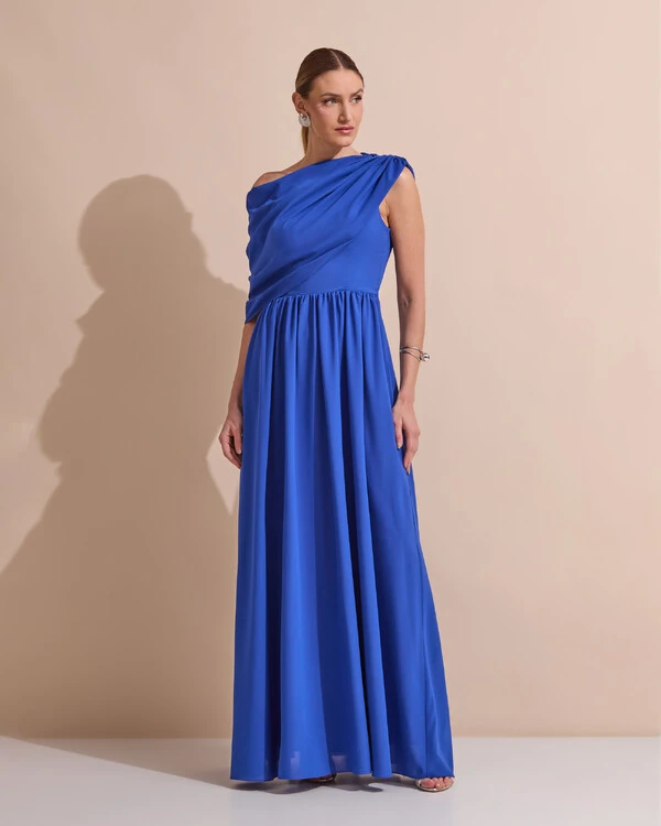 Vestido de Festa Longo Um Ombro Só Crepe Chiffon Capa Drapeado Azul Royal