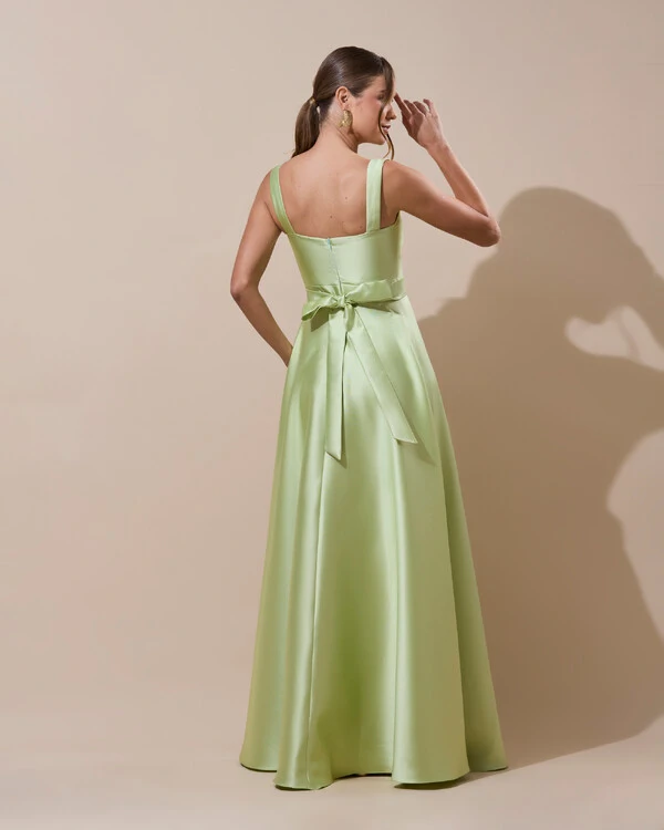 Vestido de Festa Longo Zibeline com Fenda e Faixa Verde Lima New