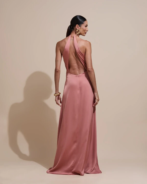 Vestido de Festa Longo Cetim Fluido com Argola Frente Única Rosa Blush