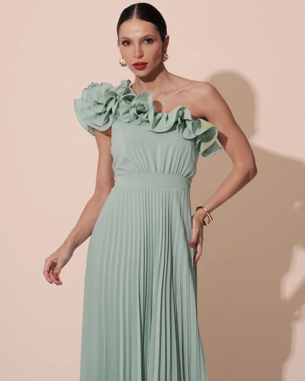 Vestido de Festa um Ombro Só Flor Saia Plissado Verde Menta