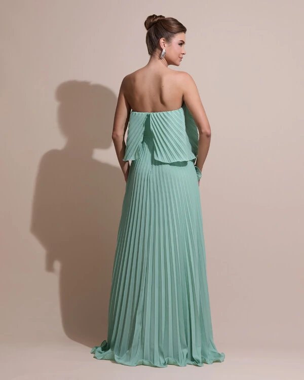 Vestido de Festa Longo Crepe Chiffon Tomara que Caia Plissado com Babado Cascata Verde Menta