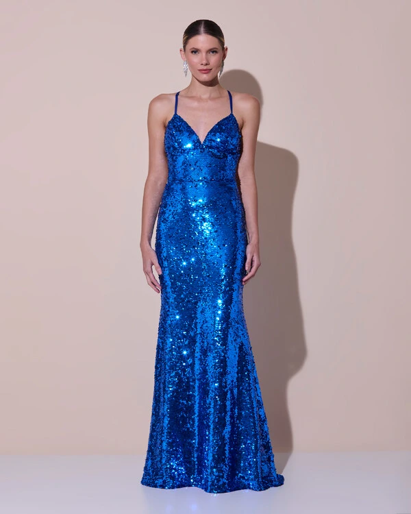 Vestido de Festa Longo Decote V Paetê Alças Finas Saia Sereia Azul Royal