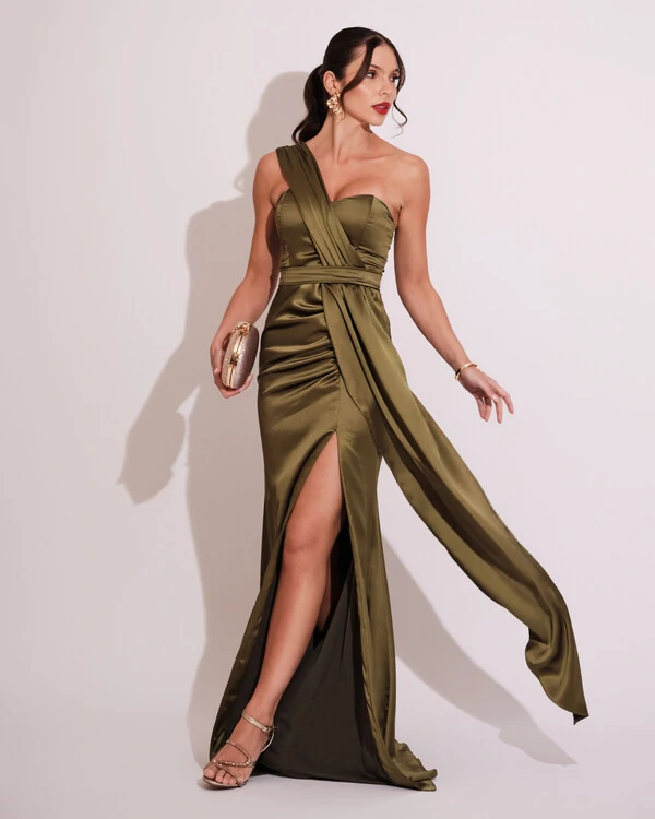 Vestido de Festa Longo Cetim Alfaiataria Tomara que Caia Faixa Verde Oliva