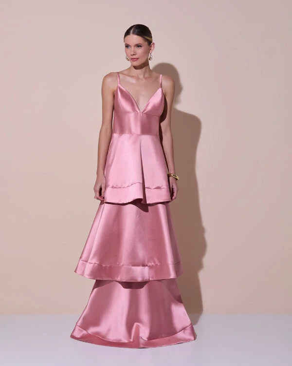 Vestido de Festa Longo Zibeline em Camadas Decote em V com Alças Rose