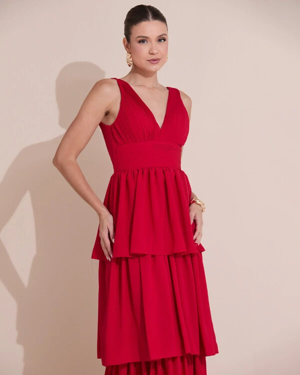 Vestido de Festa Longo Decote V Crepe Chiffon Plissado Camadas Babado Vermelho