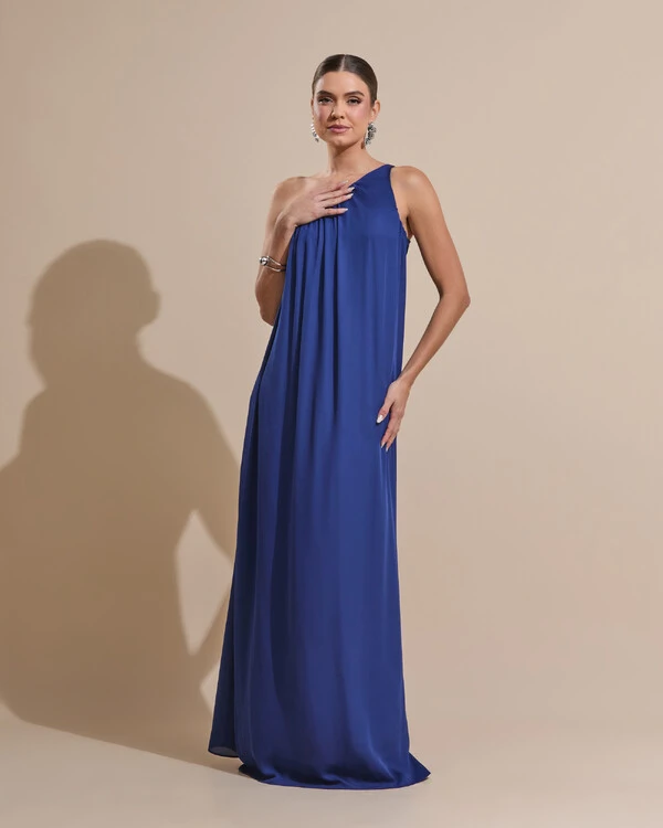 Vestido de Festa Longo Crepe Fluido um Ombro Só com Lenço Azul Marinho
