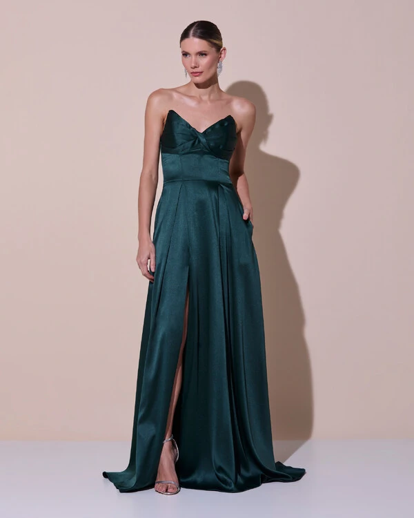 Vestido de Festa Longo Tomara que Caia Cetim Decote Coração Fenda Verde Escuro