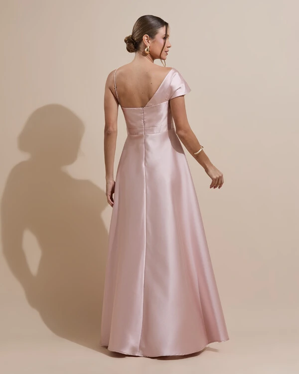 Vestido de Festa longo Faixa Ombro e Fenda Zibeline Rosa Nude