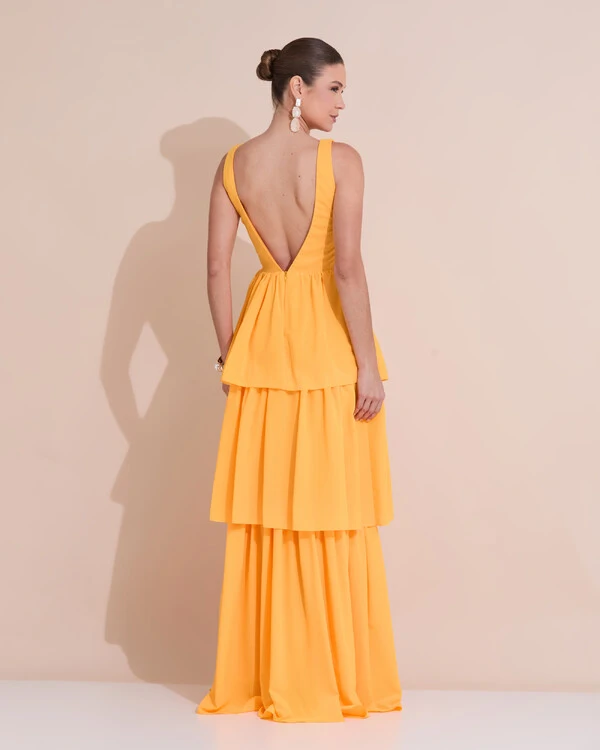 Vestido de Festa Longo Decote V Crepe Chiffon Plissado Camadas Babado Laranja Manga New