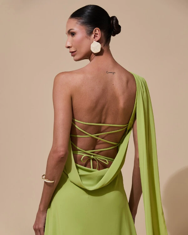 Vestido de Festa Longo Tomara que Caia Crepe Chiffon Lenço Drapeado Costas Trançada Verde Garden