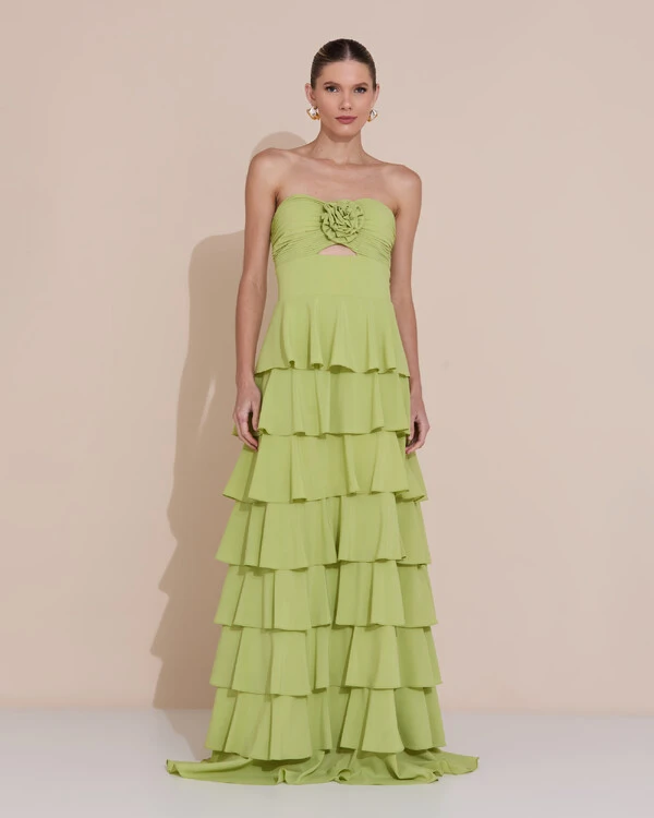 Vestido de Festa Longo Crepe Chiffon Tomara que Caia Plissado Flor Camadas Verde Claro