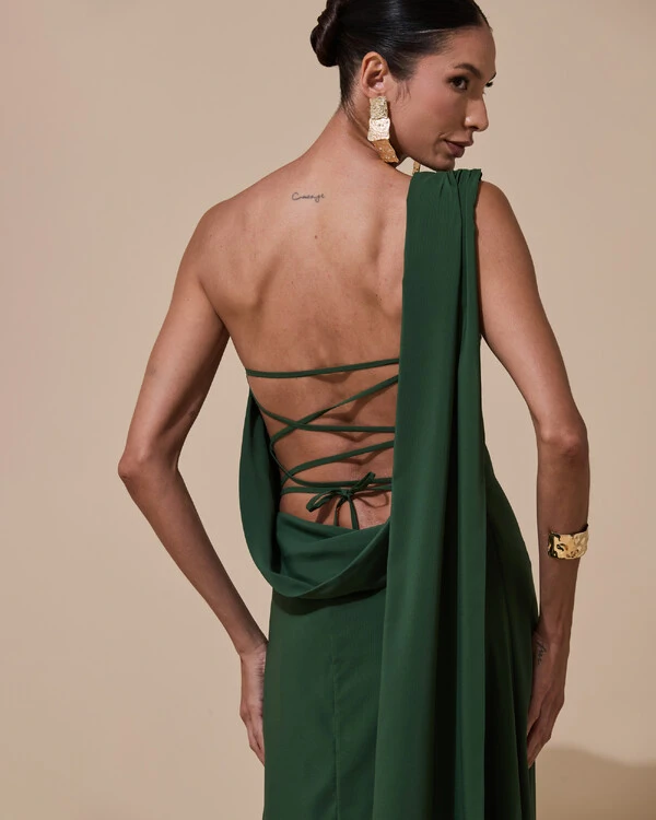 Vestido de festa Longo Tomara que Caia Crepe Chiffon Drapeado Lenço Verde Militar