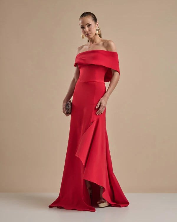 Vestido de Festa Longo Alfaiataria Ombro a Ombro com Babado Cascata Vermelho
