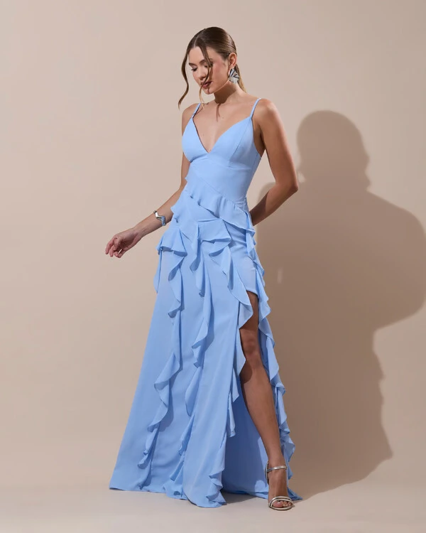 Vestido de Festa Longo Decote V Crepe Chiffon Babados Cascata e Fenda Serenity