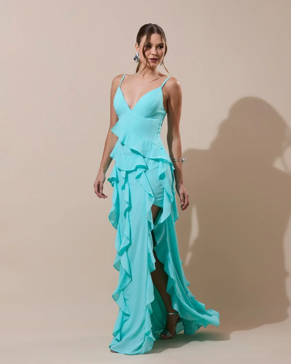Vestido de Festa Longo Decote V Crepe Chiffon Babados Cascata e Fenda Tiffany