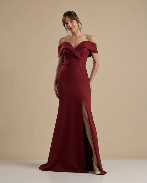 Vestido de Festa Longo Alfaiataria Ombro a Ombro com Fenda Marsala