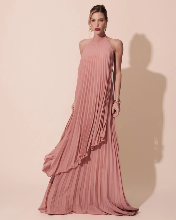 Vestidos de Festa Longo Chiffon Fluido Frente Única Plissado Duplo Rose