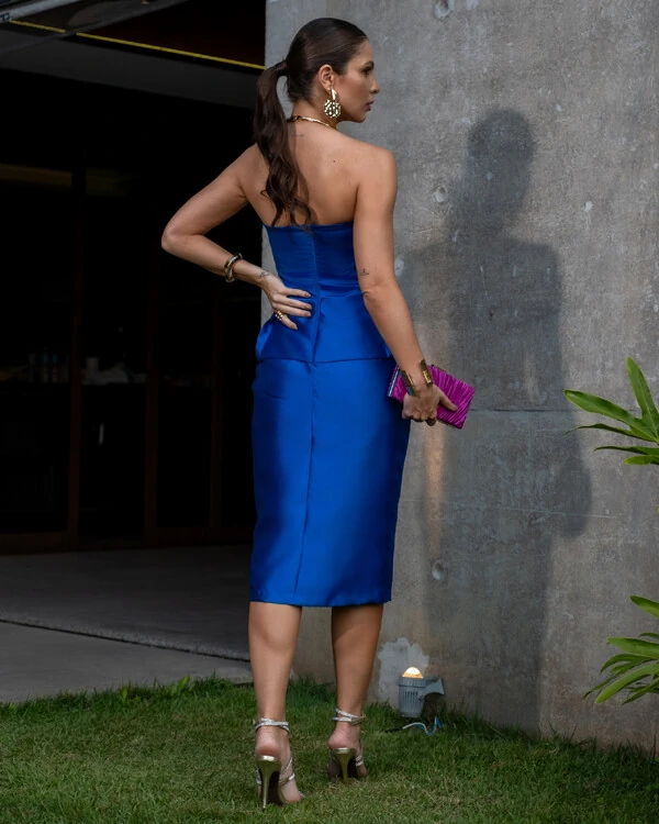 Vestido Midi Zibeline Tomara que Caia com Fenda Azul Royal