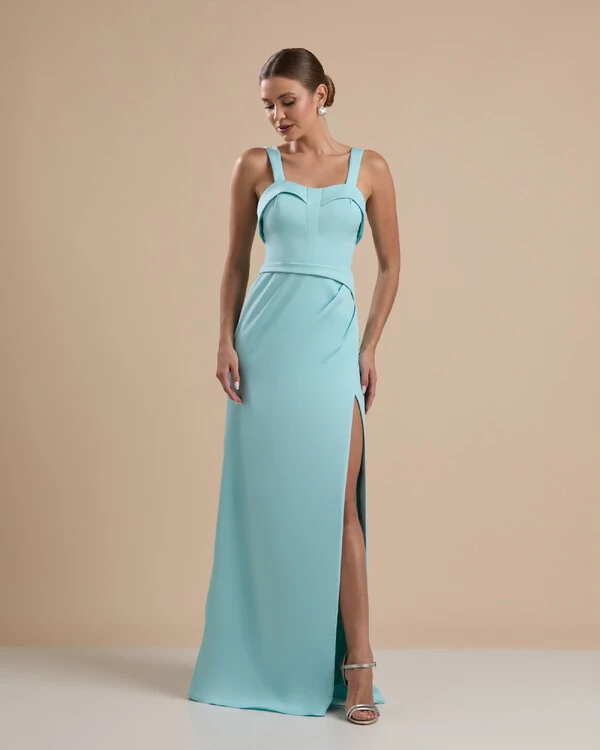 Vestido de Festa Longo Alfaiataria Decote Coração com Alças e Fenda Tiffany