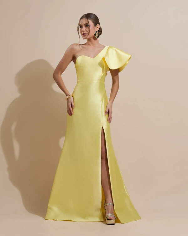 Vestido de Festa Longo um Ombro Tomara que Caia Zibeline Amarelo Manteiga