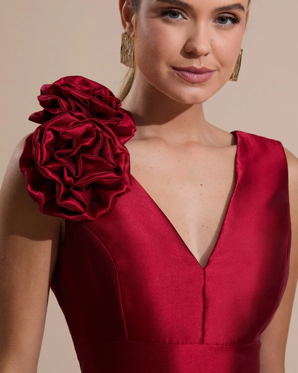 Vestido de Festa longo Zibeline Decote em V com Flores Removivel Marsala Escuro