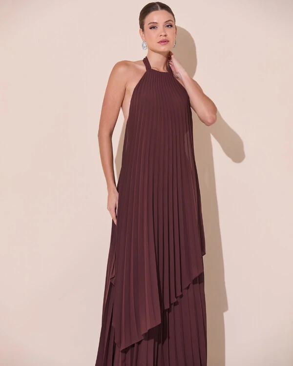 Vestidos de Festa Longo Chiffon Fluido Frente Única Plissado Duplo Marrom