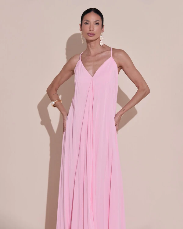 Vestido de Festa Longo Plissado Crepe Chiffon Decote V Alças Finas Rosa Claro