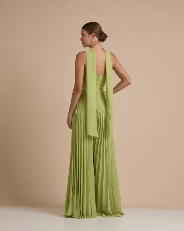 Macacão de Festa Longo Crepe Chiffon Tomara que Caia Plissado com Lenço Verde Garden