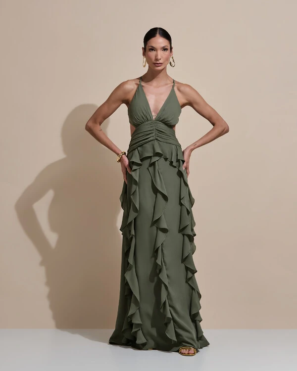 Vestido de Festa Longo Decote V Recortes Drapeado Crepe Chiffon Babados Cascata Verde Oliva