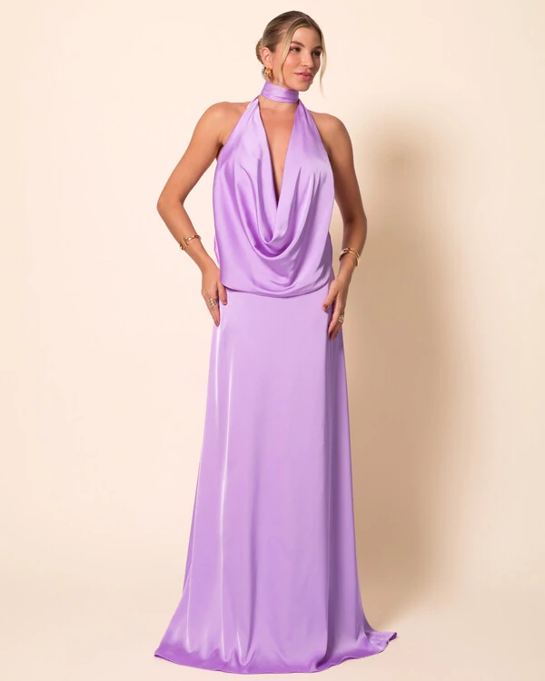 Vestido de Festa Longo Cetim Fluido Frente Única Degagê Mil Formas Lilás