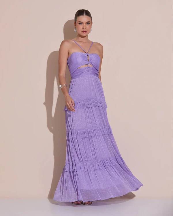 Vestido de Festa Longo Tule com Saia Babado Lilás