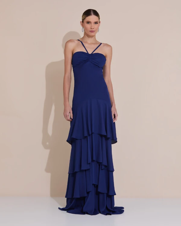 Vestido Longo Crepe com Babado em Camadas Azul Marinho