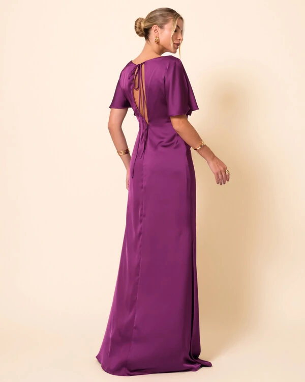 Vestido de Festa Longo Cetim Fluido Manga Curta Drapeado Roxo