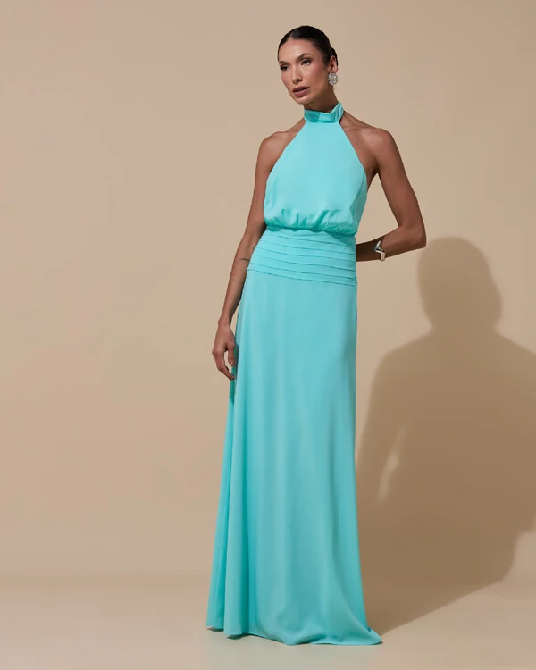 Vestido de Festa Longo Frente Única Busto Blousê Crepe Chiffon Drapeado Tiffany