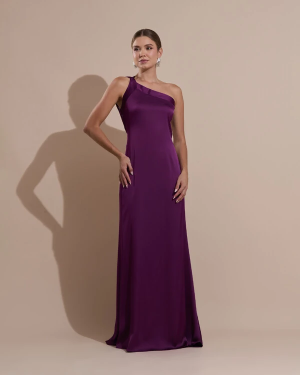 Vestido de Festa Longo Cetim Fluido Um Ombro Só Amarração Costas Roxo