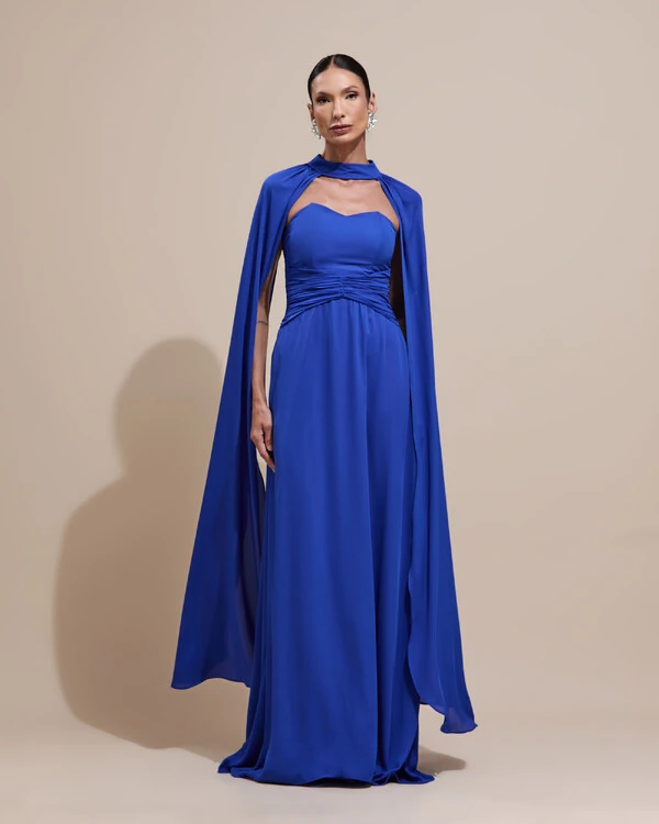 Vestido de Festa Longo Tomara Que Caia Crepe Chiffon Drapeado Capa Azul Royal