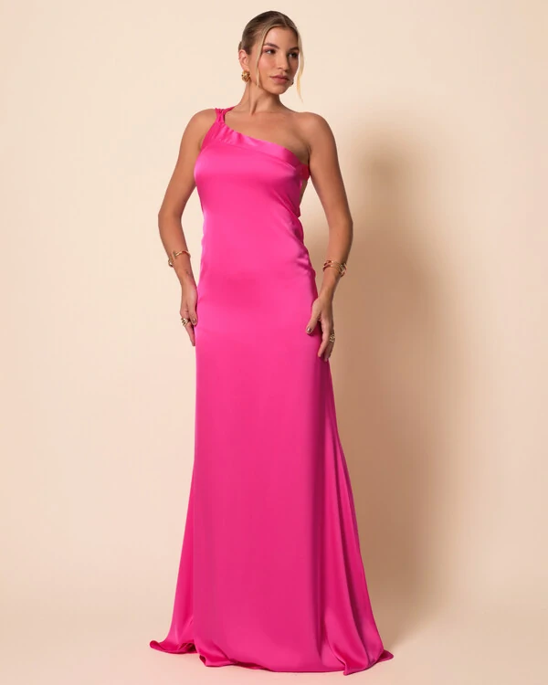 Vestido de Festa Longo Cetim Fluido Um Ombro Só Amarração Costas Pink