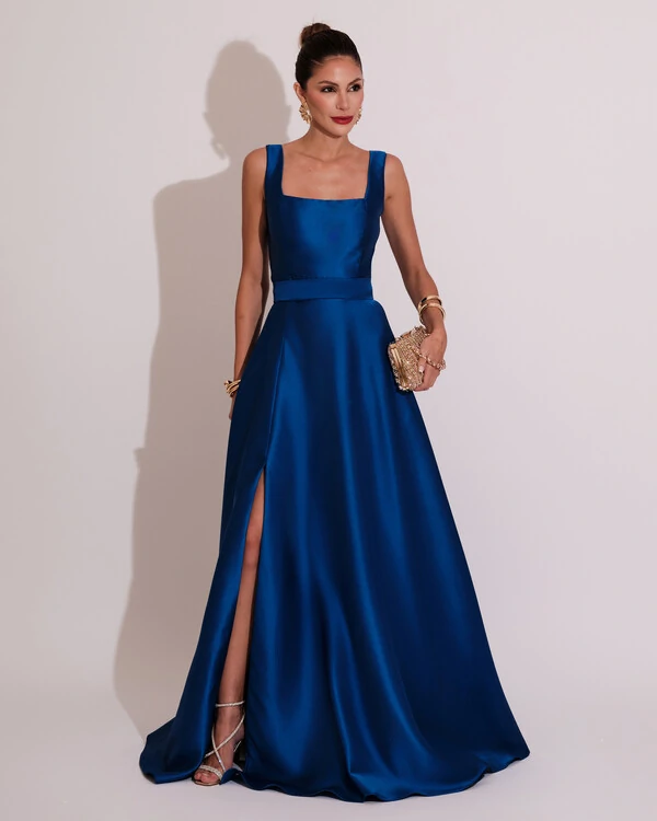Vestido de Festa Longo Zibeline com Fenda e Faixa Azul Royal