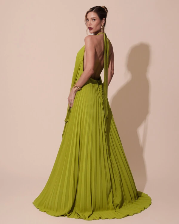 Vestidos de Festa Longo Chiffon Fluido Frente Única Plissado Duplo Verde Pistache