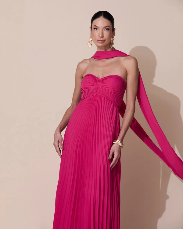 Vestido de Festa Longo Tomara que Caia Plissado com Lenço Pink Escuro