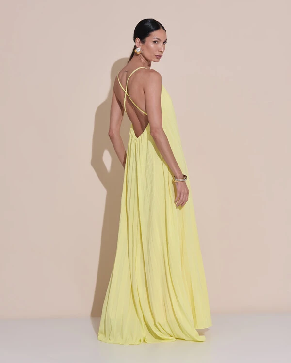 Vestido de Festa Longo Plissado Crepe Chiffon Decote V Alças Finas Amarelo Manteiga