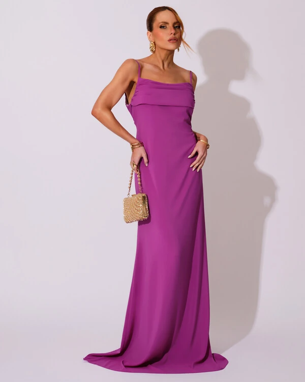 Vestido de Festa Longo Crepe Chiffon Costas Lenço Cauda Fúcsia