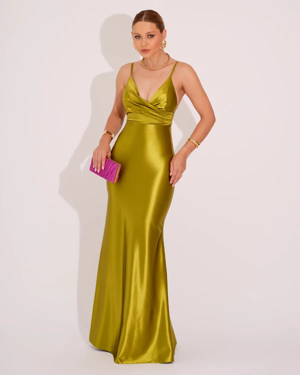 Vestido de Festa Longo Malha Cetim Busto Drapeado Saia Sereia Verde Oliva